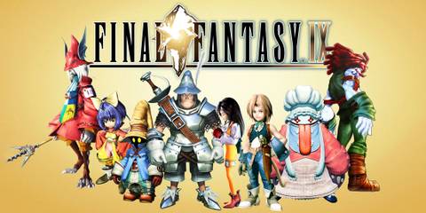 Final Fantasy 9 FF9 key art characters with game logo on yellow background