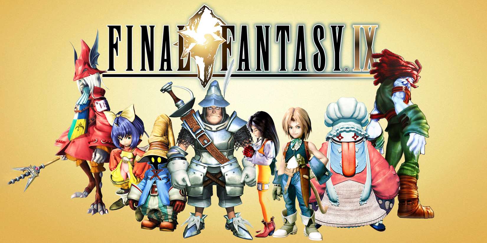Final Fantasy 9 FF9 key art characters with game logo on yellow background