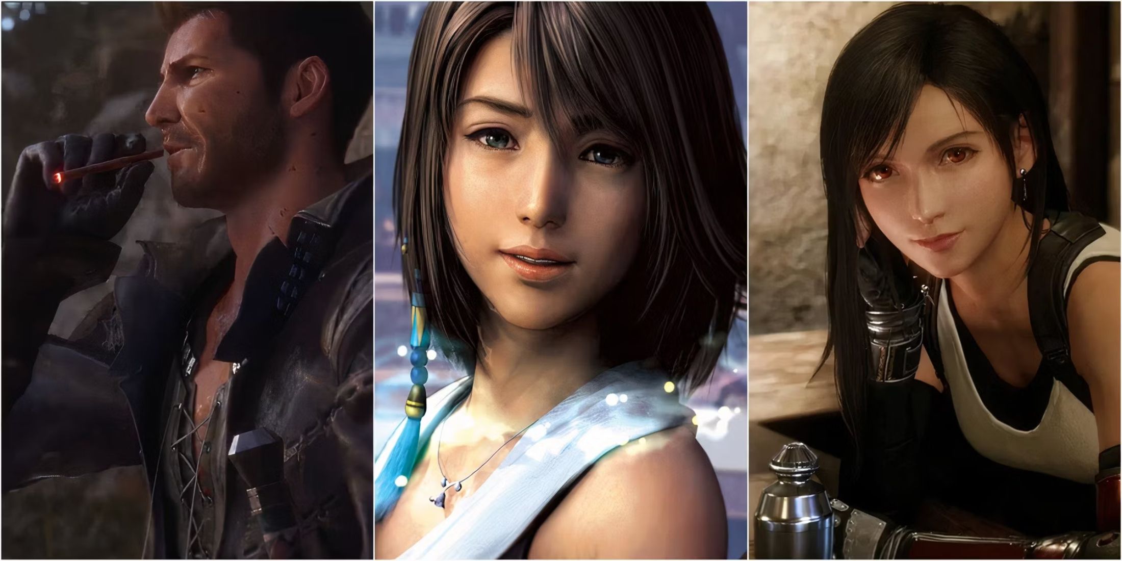 Cid from Final Fantasy 16, Yuna from Final Fantasy 10, and Tifa from Final Fantasy 7 Remake