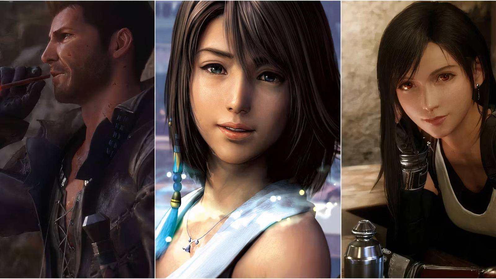 Cid from Final Fantasy 16, Yuna from Final Fantasy 10, and Tifa from Final Fantasy 7 Remake