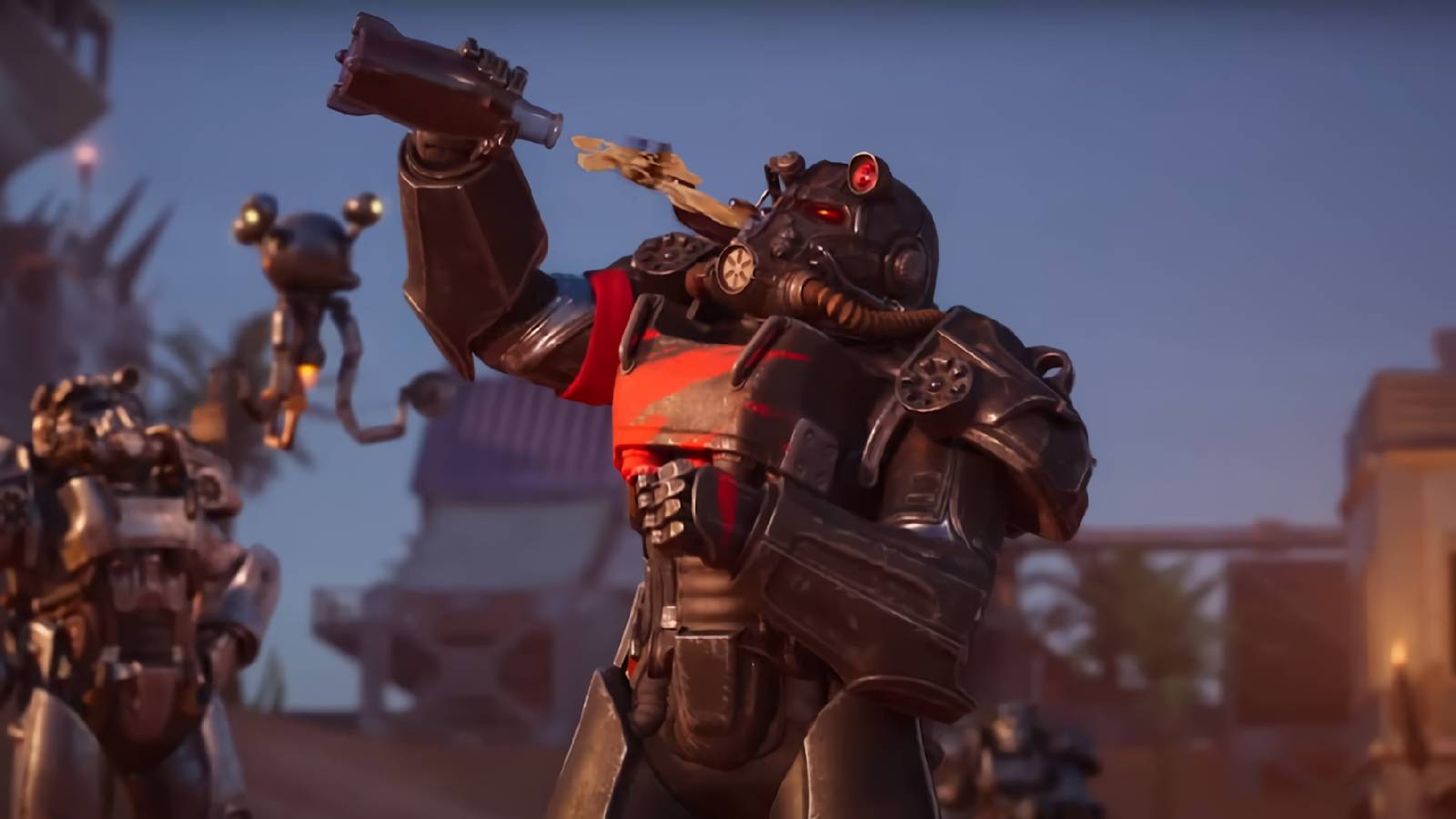 A screenshot from Fortnite's Fallout crossover showing a character in Power Armor drinking a Nuka-Cola.