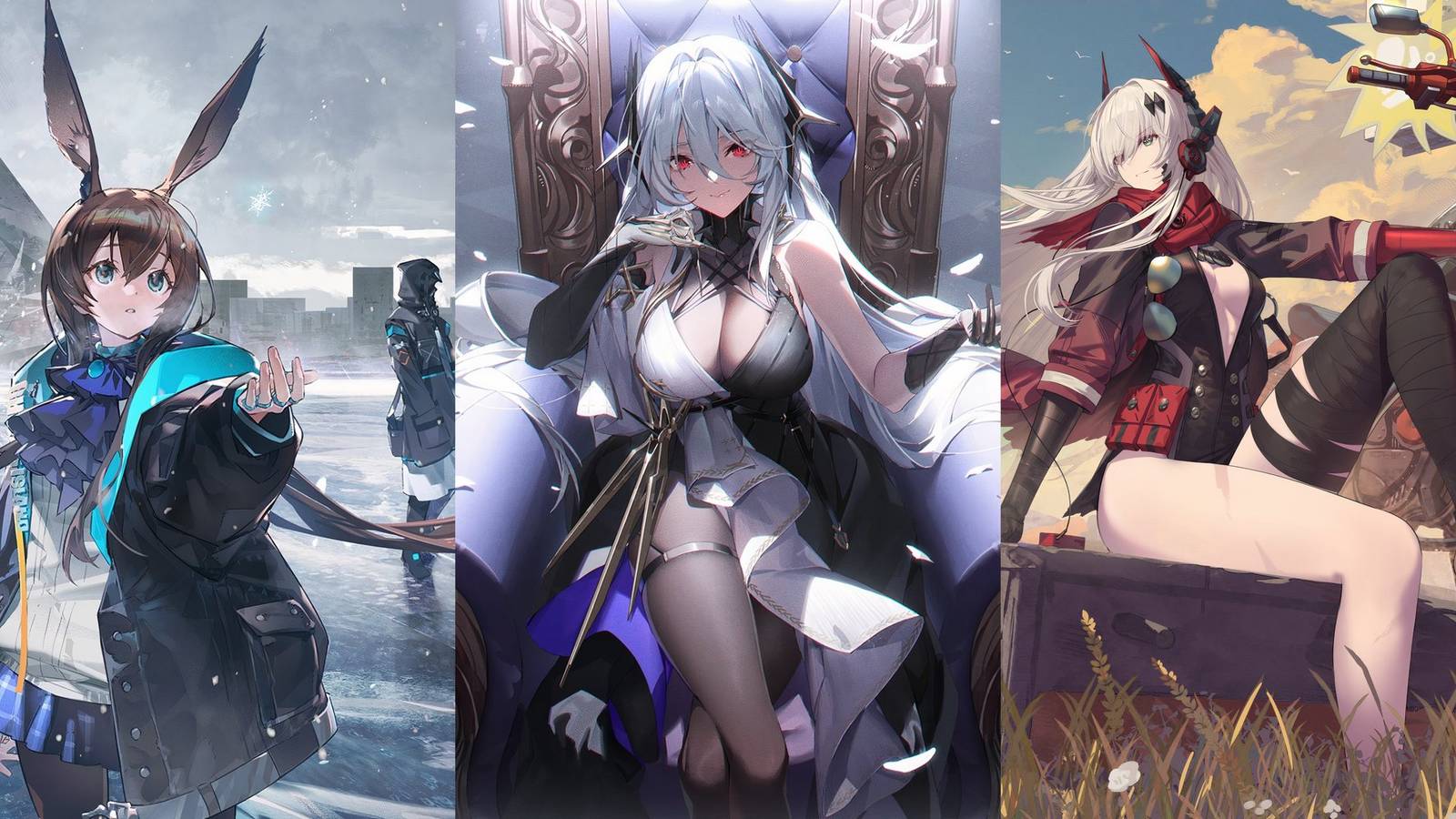 Amiya from Arknights on left, Hades from Aether Gazer in middle and Alpha from Punishing Gray Raven on right