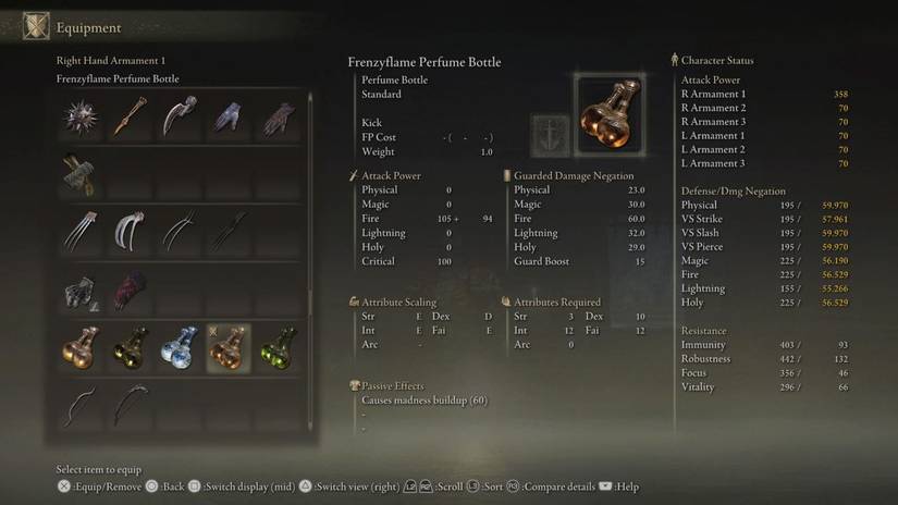 Frenzyflame Perfume Bottle Overview Stat Requirements, Effects, & Skill