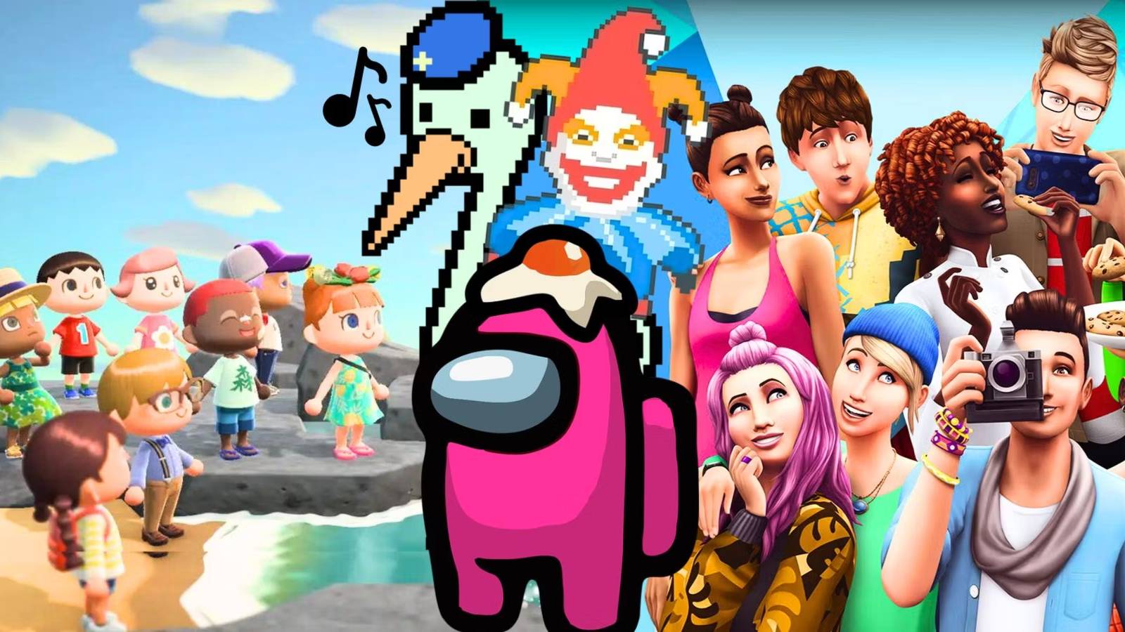 A collage of different video games that don't have stories (Animal Crossing: New Horizons, Among Us, The Sims 4)