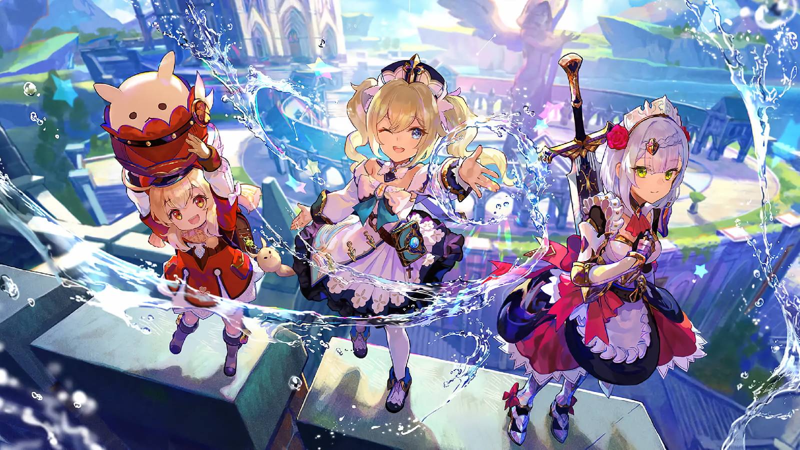 A key visual for Genshin Impact featuring Klee, Barbara, and Noelle