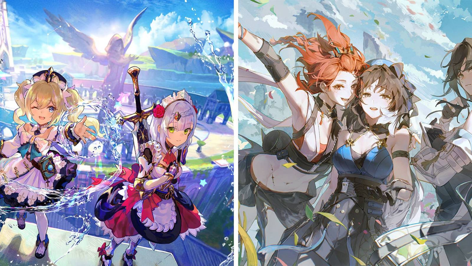 genshin impact and wuthering waves cover arts side by side.
