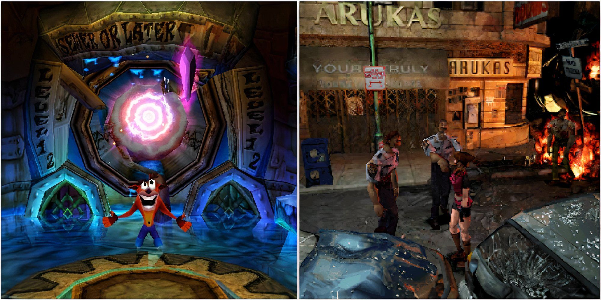 Getting a crystal in Crash Bandicoot 2 Cortex Strikes Back and Shooting zombies as Claire in Resident Evil 2