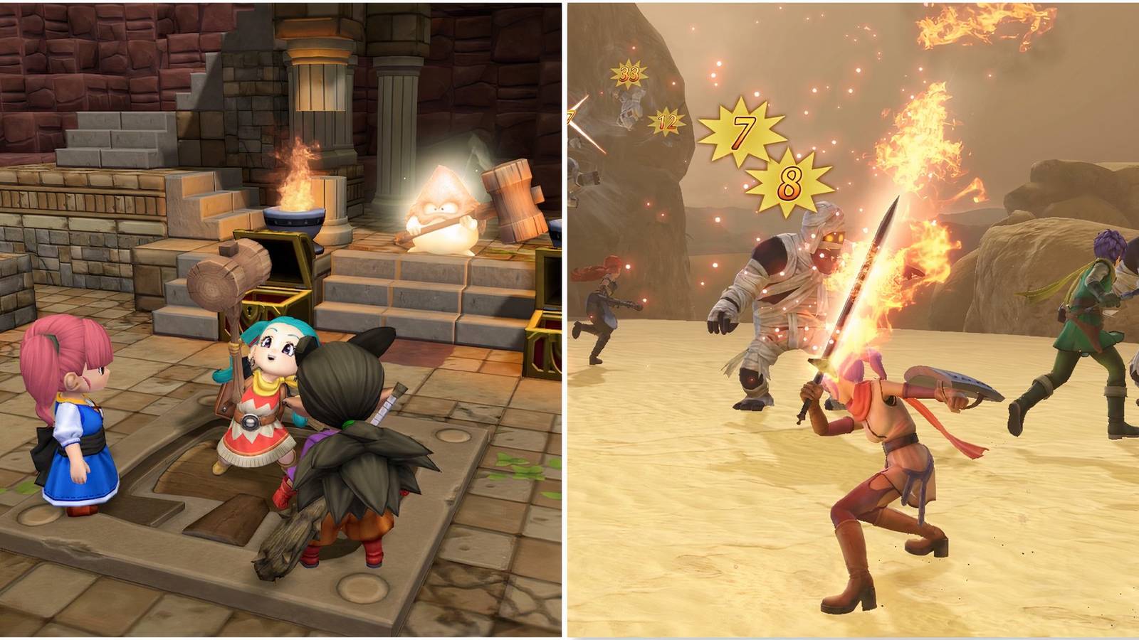 Getting a hammer in Dragon Quest Builders 2 and Fighting enemies in Dragon Quest Heroes 2