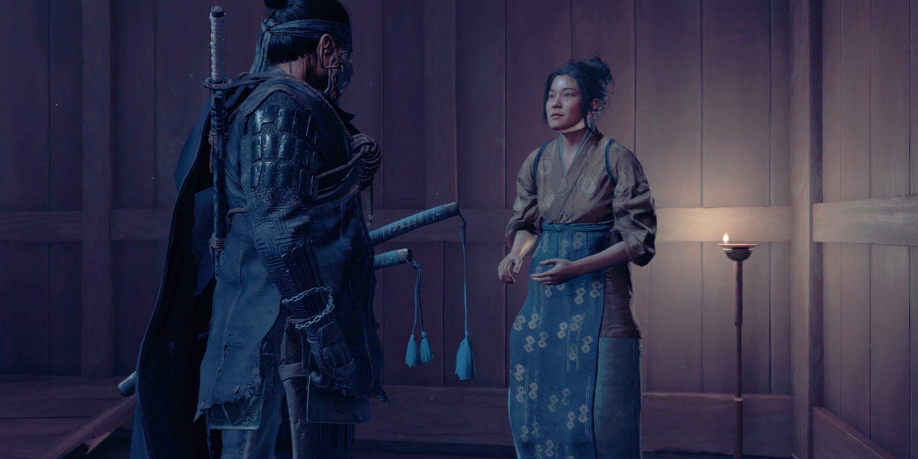 Ghost of Tsushima - Jin speaking to a prisoner at the Cloud Temple