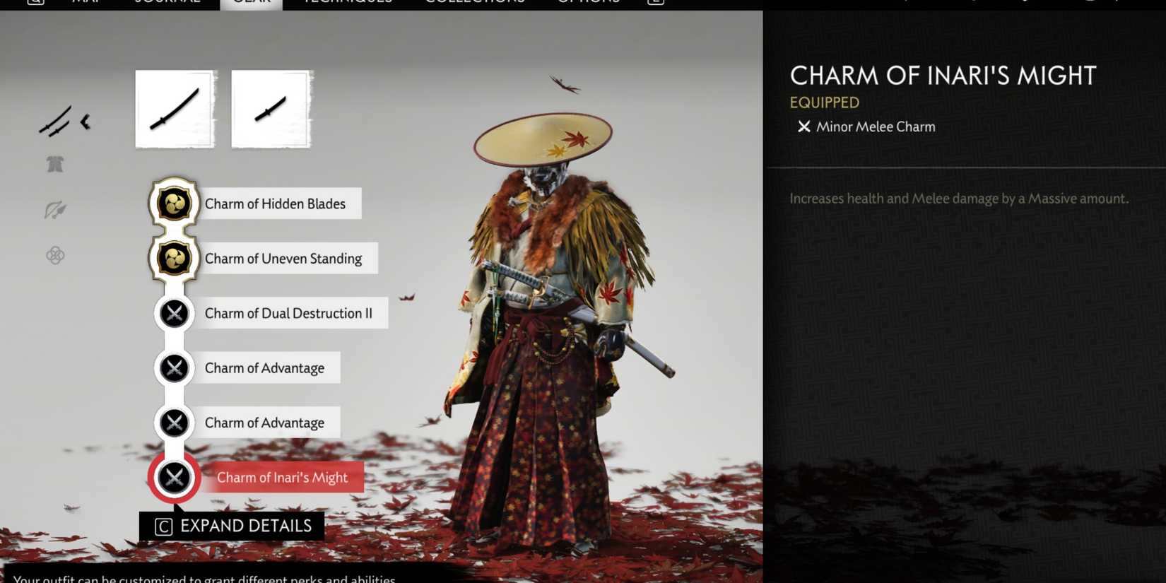 Ghost of Tsushima menu showing different charms