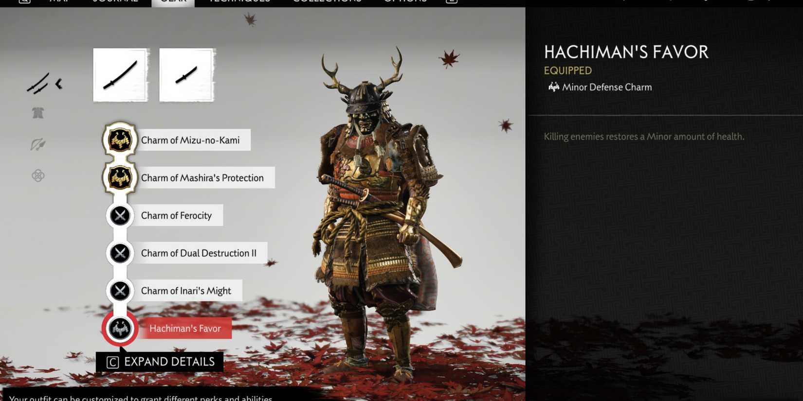 Ghost of Tsushima menu showing different charms