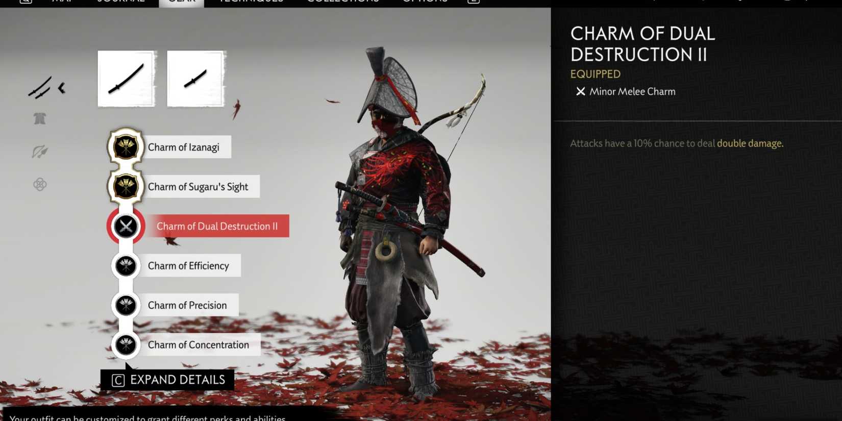 Ghost of Tsushima menu showing various charms