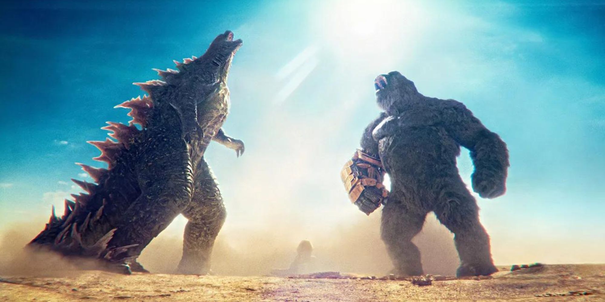 Godzilla and Kong roaring together in Egypt in Godzilla x Kong: The New Empire
