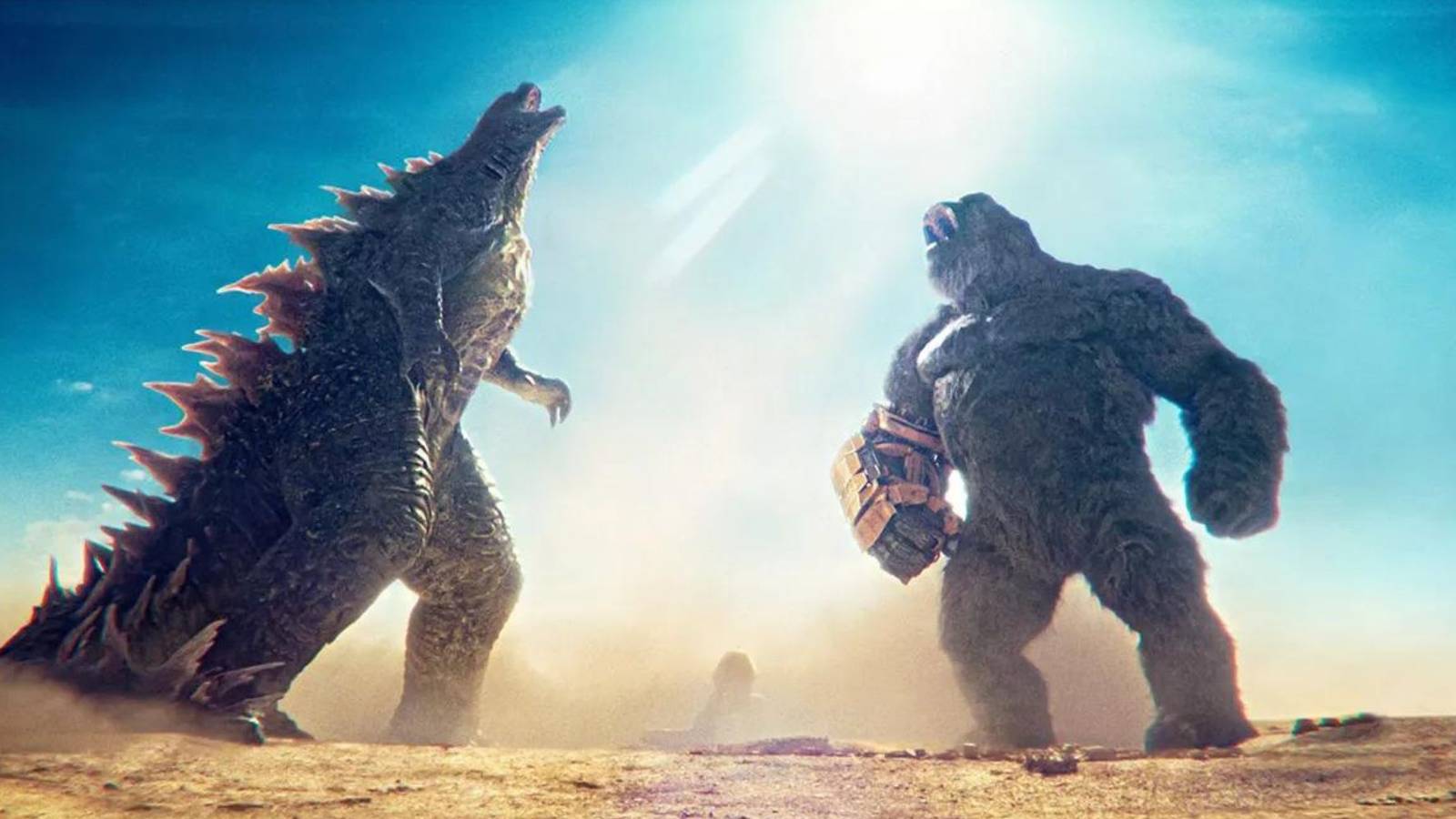 Godzilla and Kong roaring together in Egypt in Godzilla x Kong: The New Empire