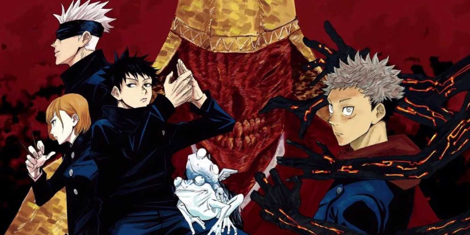 Gojo, Nobara, Fushiguro and Itadori in the color spread of Fearsome Womb, the first arc in all of Jujutsu Kaisen.