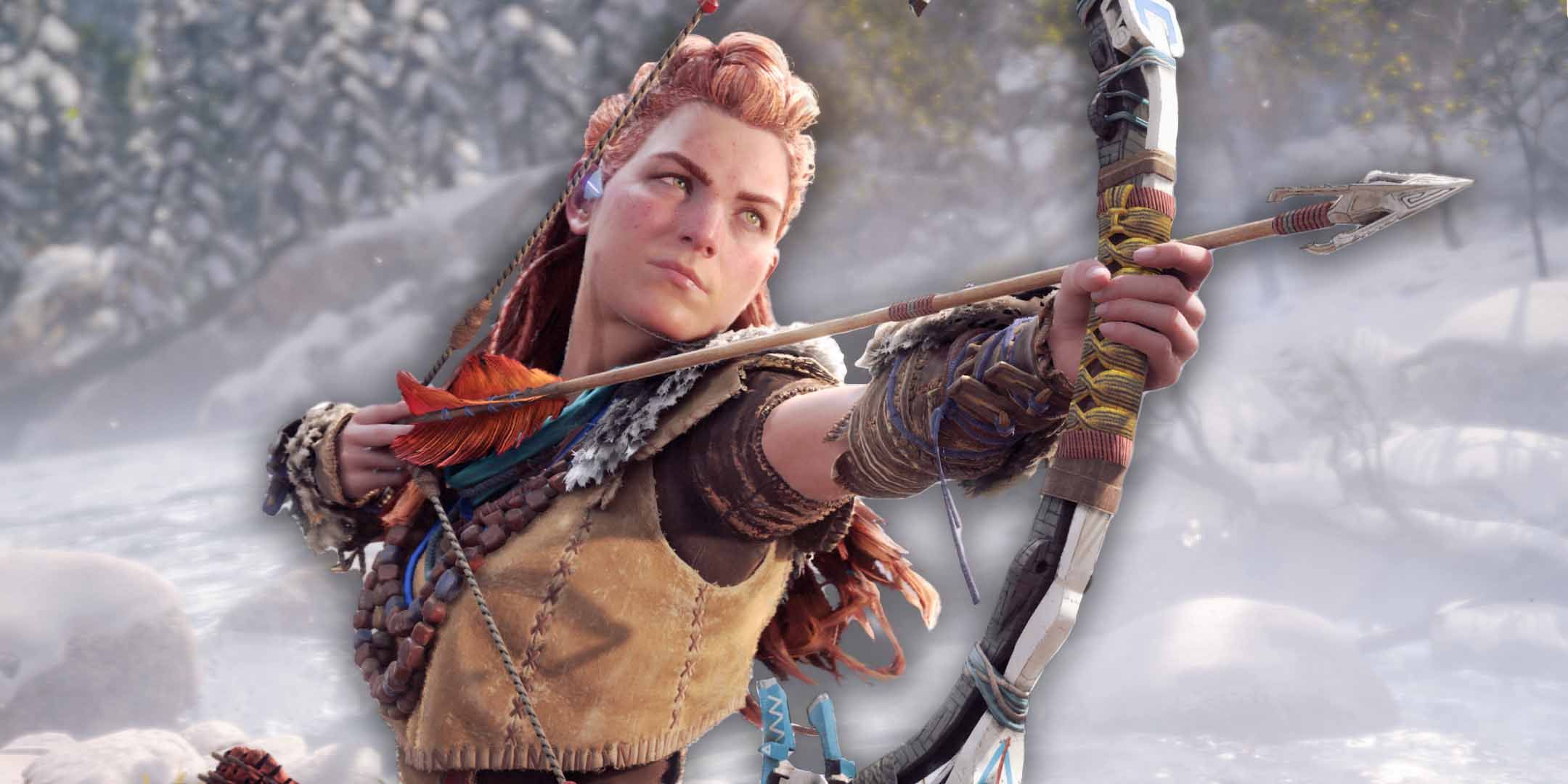 Aloy from Horizon Forbidden West drawing her bow
