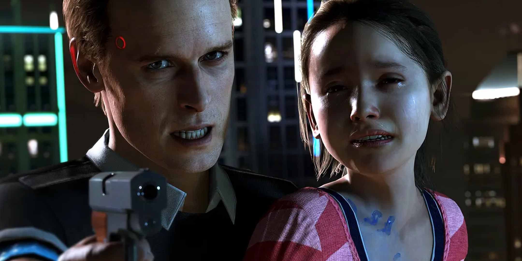 Android from Detroit: Become Human holding a gun and hostage