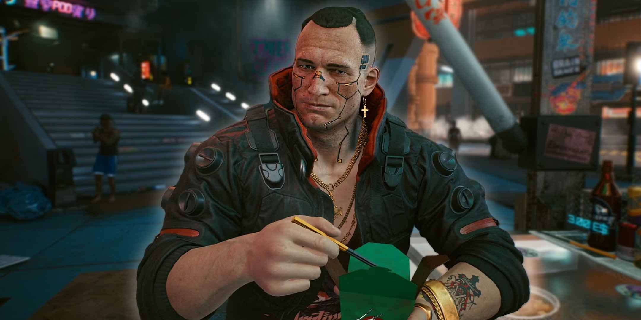 Jackie from Cyberpunk 2077 eating lunch