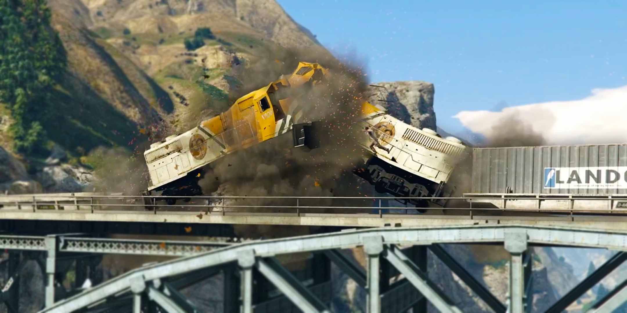 A train being derailed in Grand Theft Auto 5