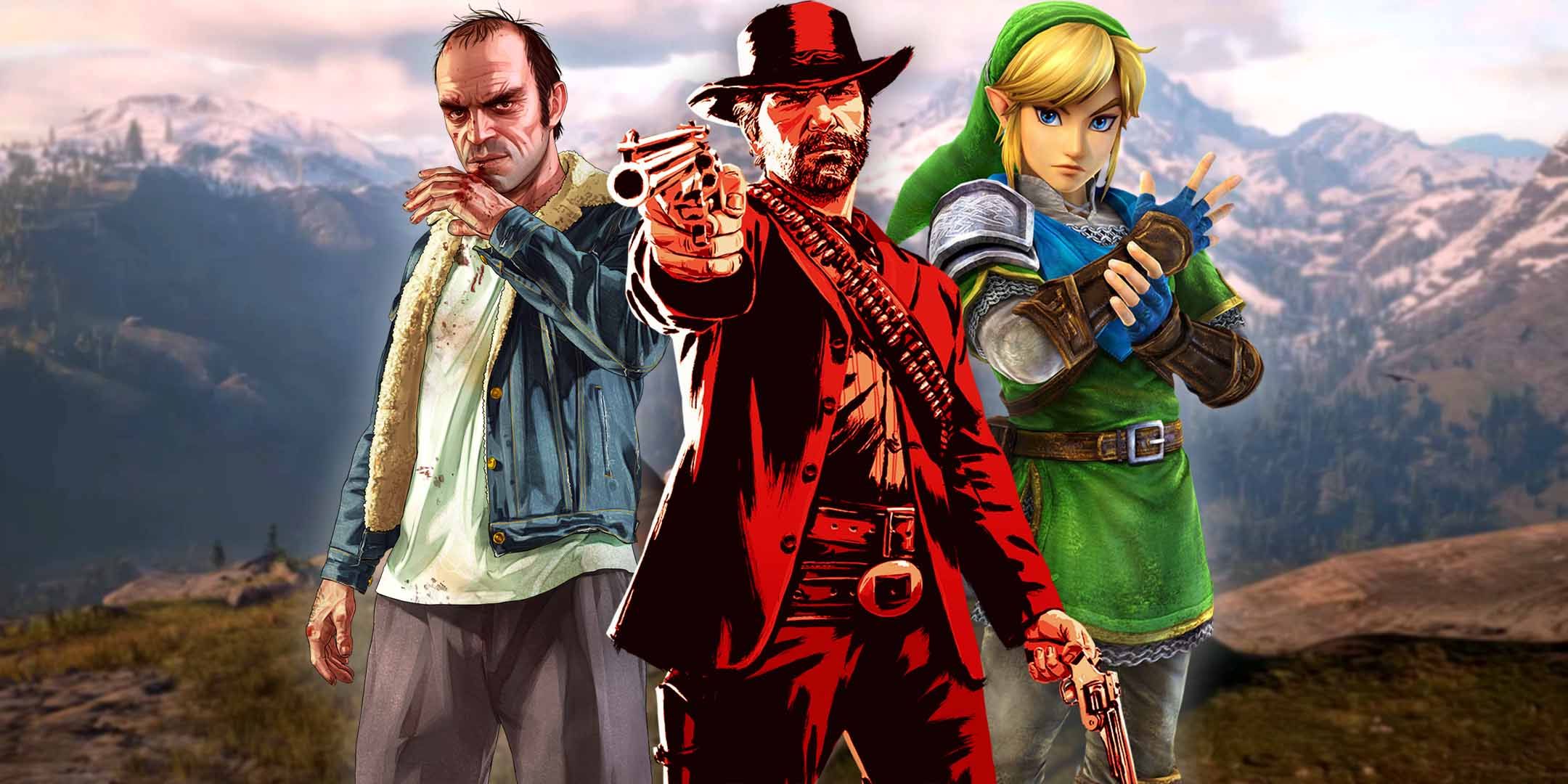 Cover art from Grand Theft Auto 5, Red dead Redemption, and Legend of Zelda