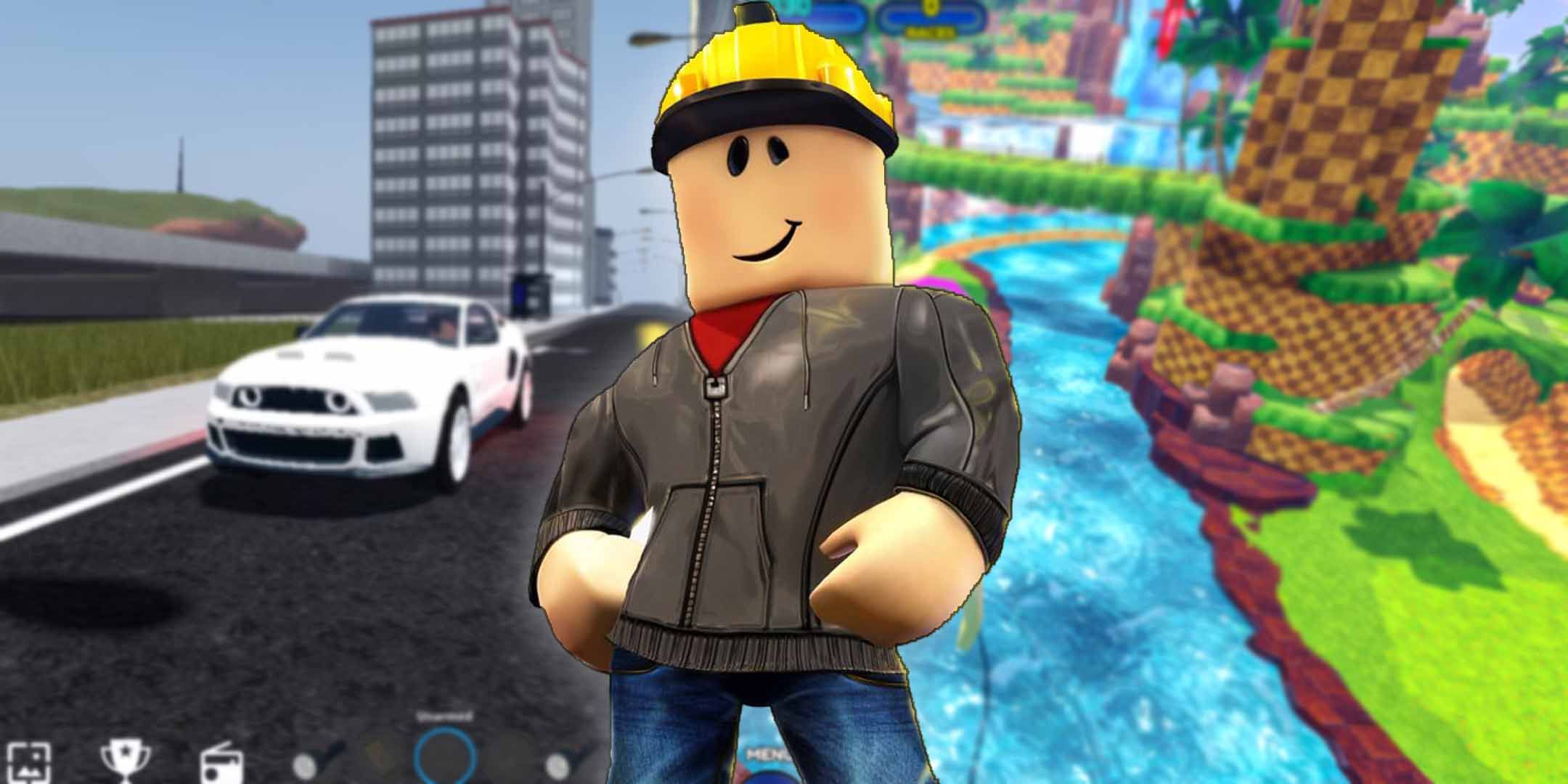 Roblox character in front of racing games