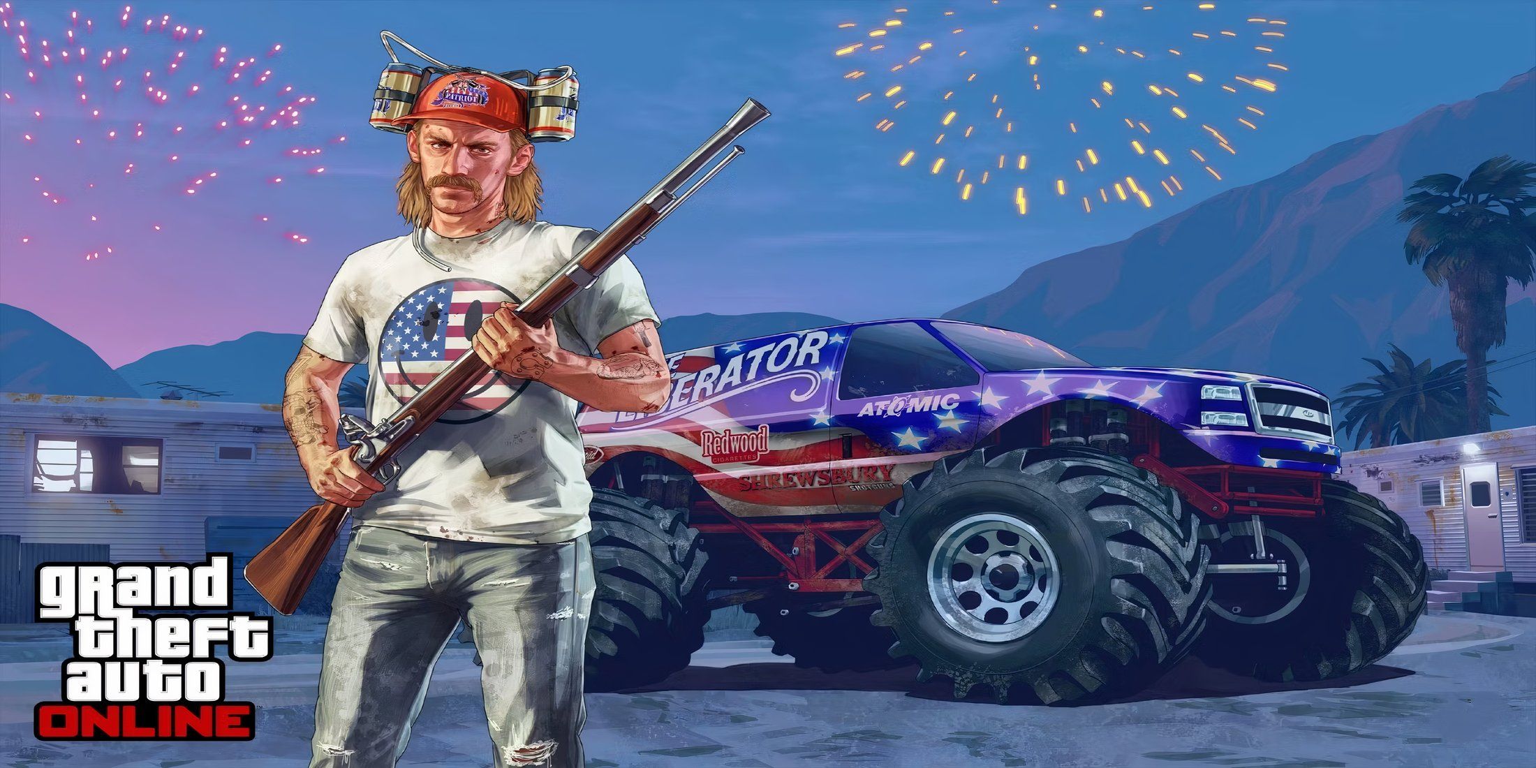 Grand Theft Auto Online art showing character with musket and monster truck