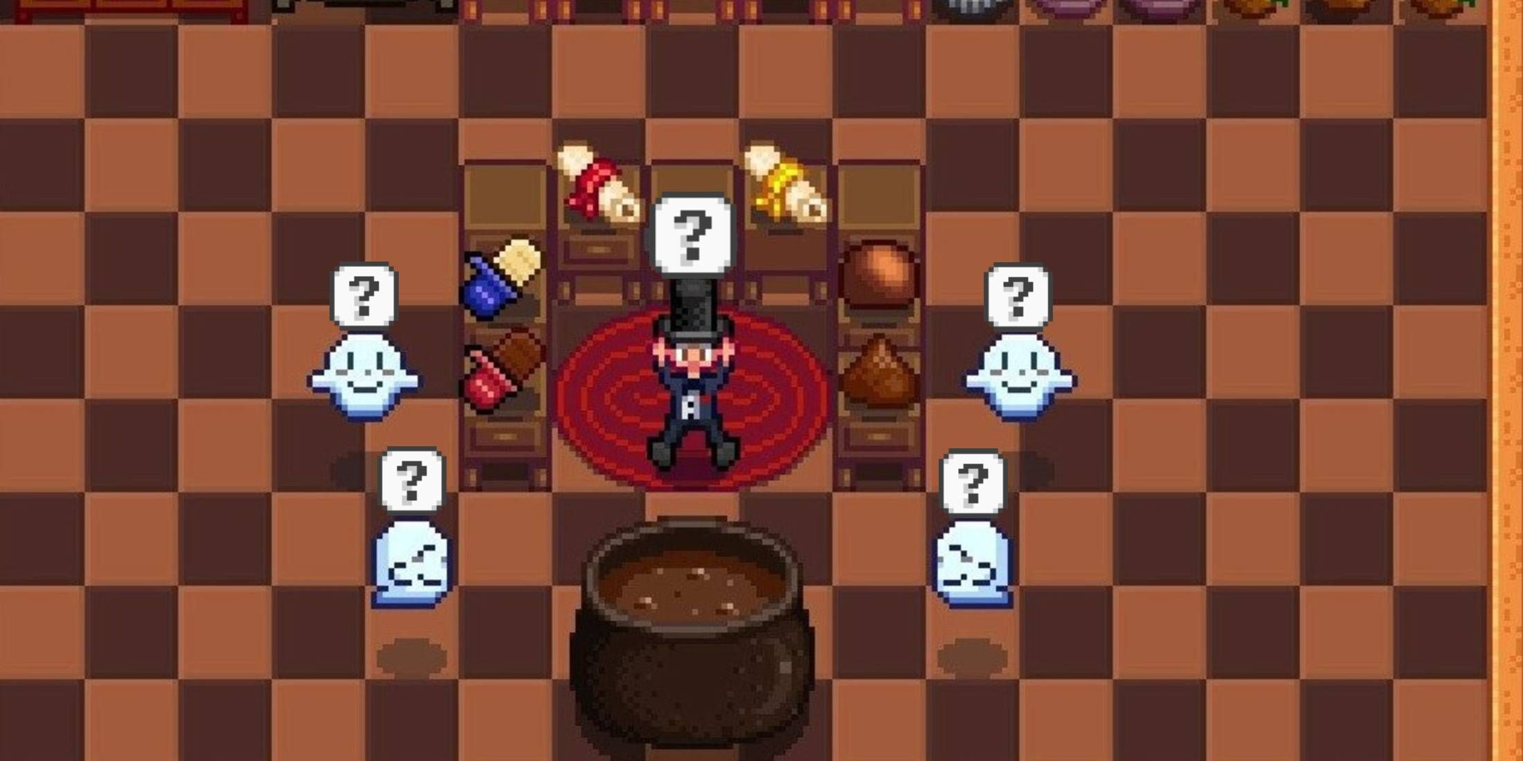 Player character and ghosts from Haunted Chocolatier with question emotes from Stardew Valley