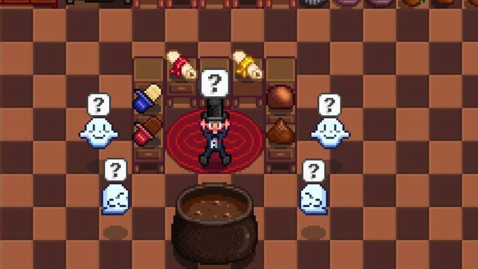 Player character and ghosts from Haunted Chocolatier with question emotes from Stardew Valley