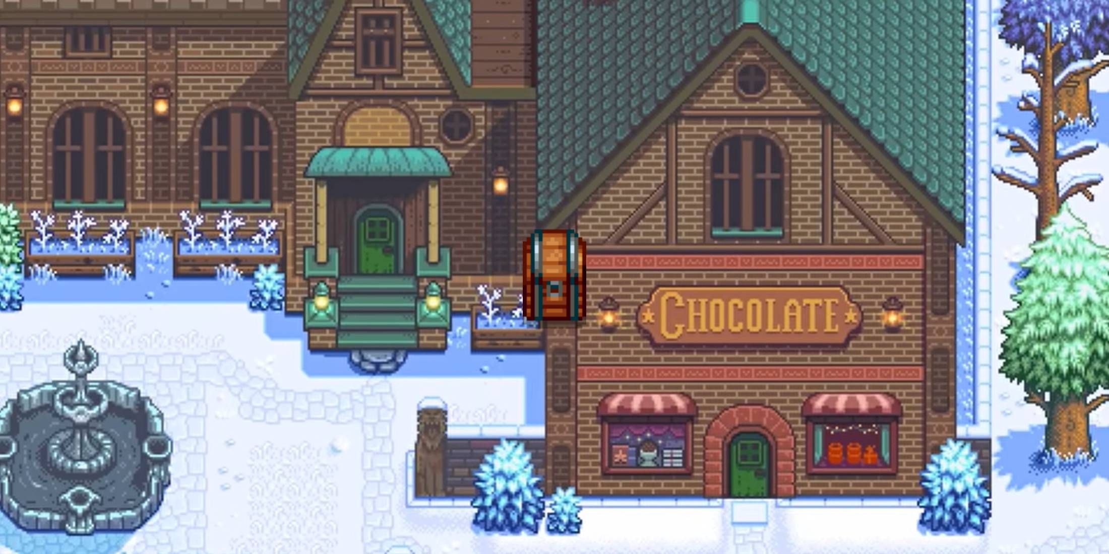 A chest from Stardew Valley in front of the shop from Haunted Chocolatier