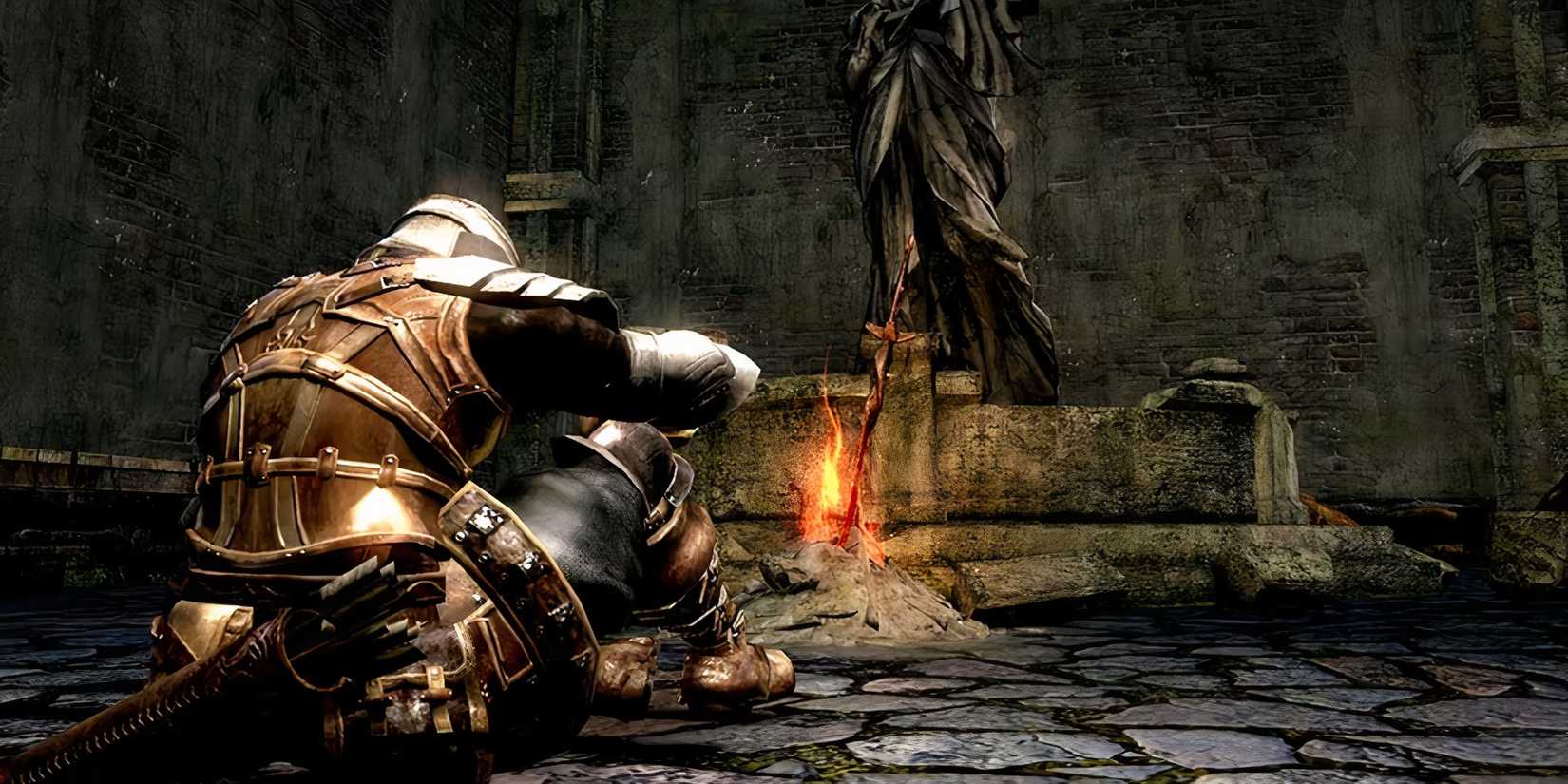The chosen undead at a bonfire in Dark Souls 1.