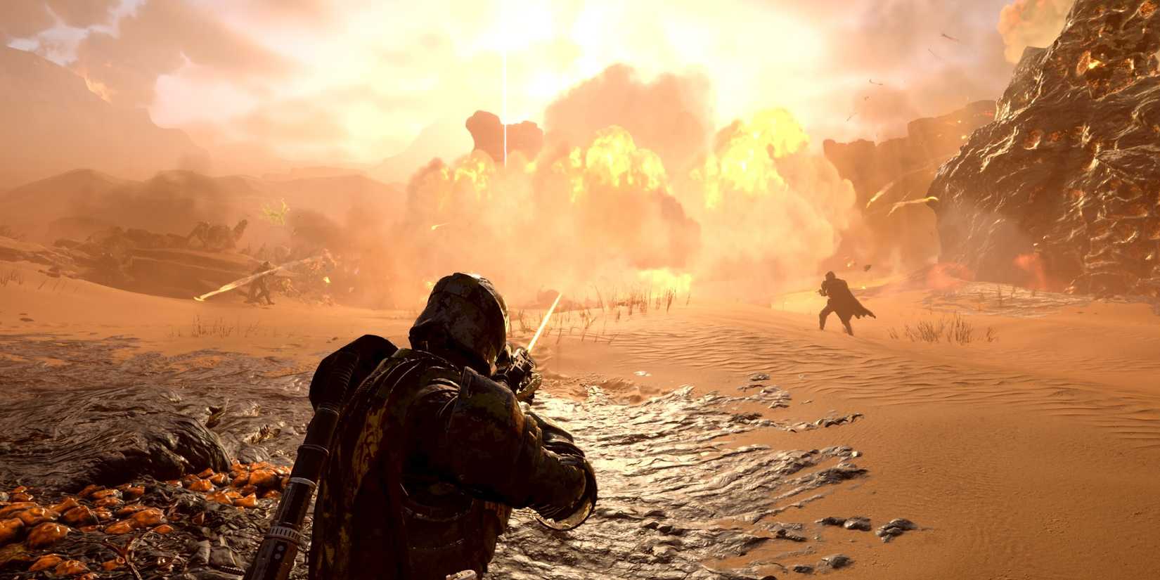 Helldiver shooting towards large explosion