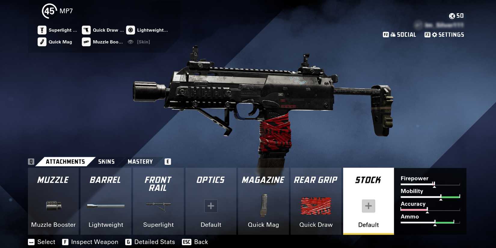 Screenshot showcasing a build for the MP7 that provides the highest ADS speed in XDefiant