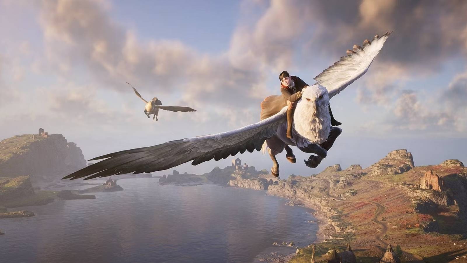 A Hogwarts Legacy character riding a Hippogriff