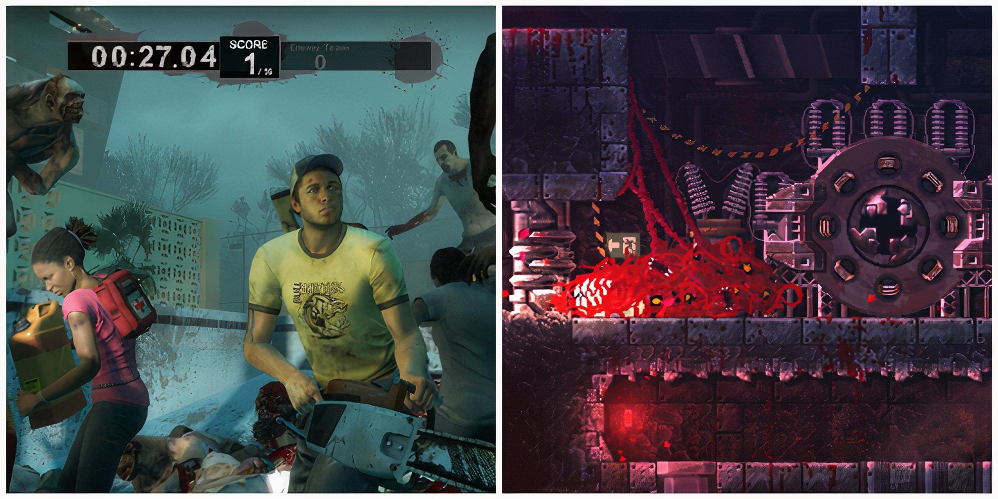 Split image of left 4 dead 2 chainsaw and Carrion industrial setting