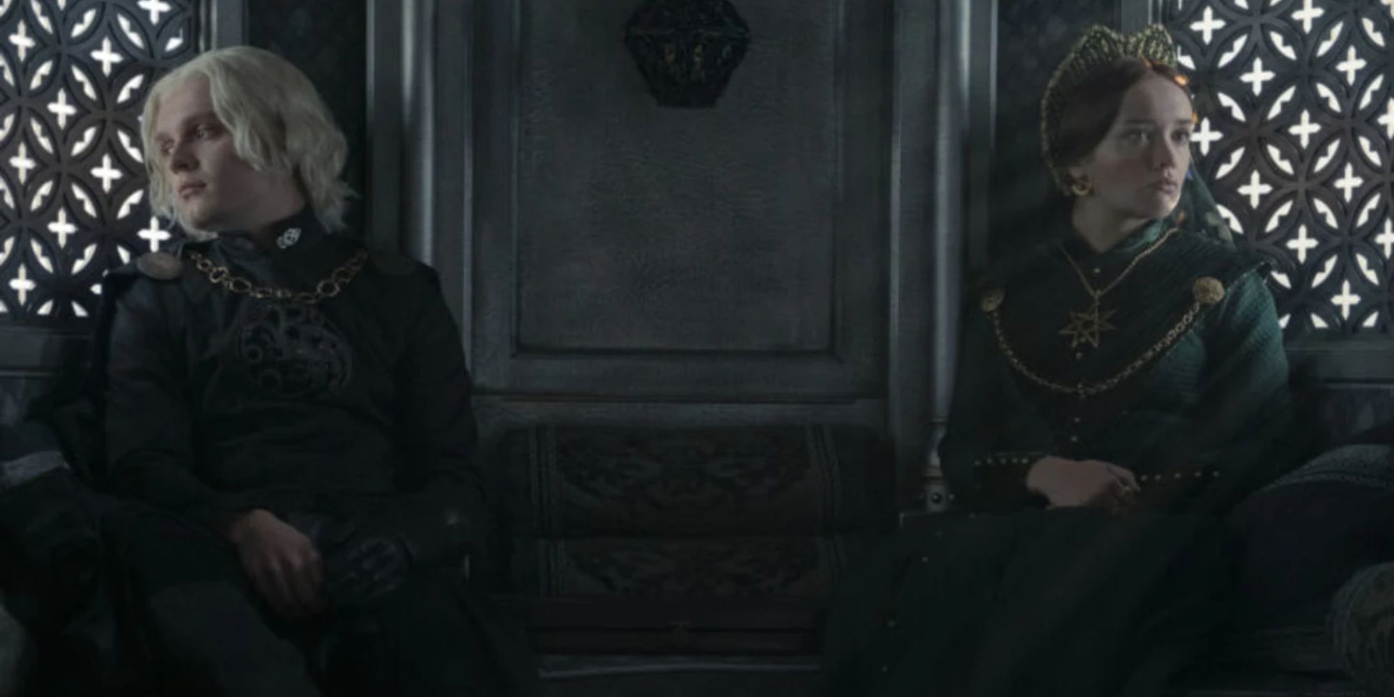 Aegon sitting with Alicent in a carriage in House of the Dragon