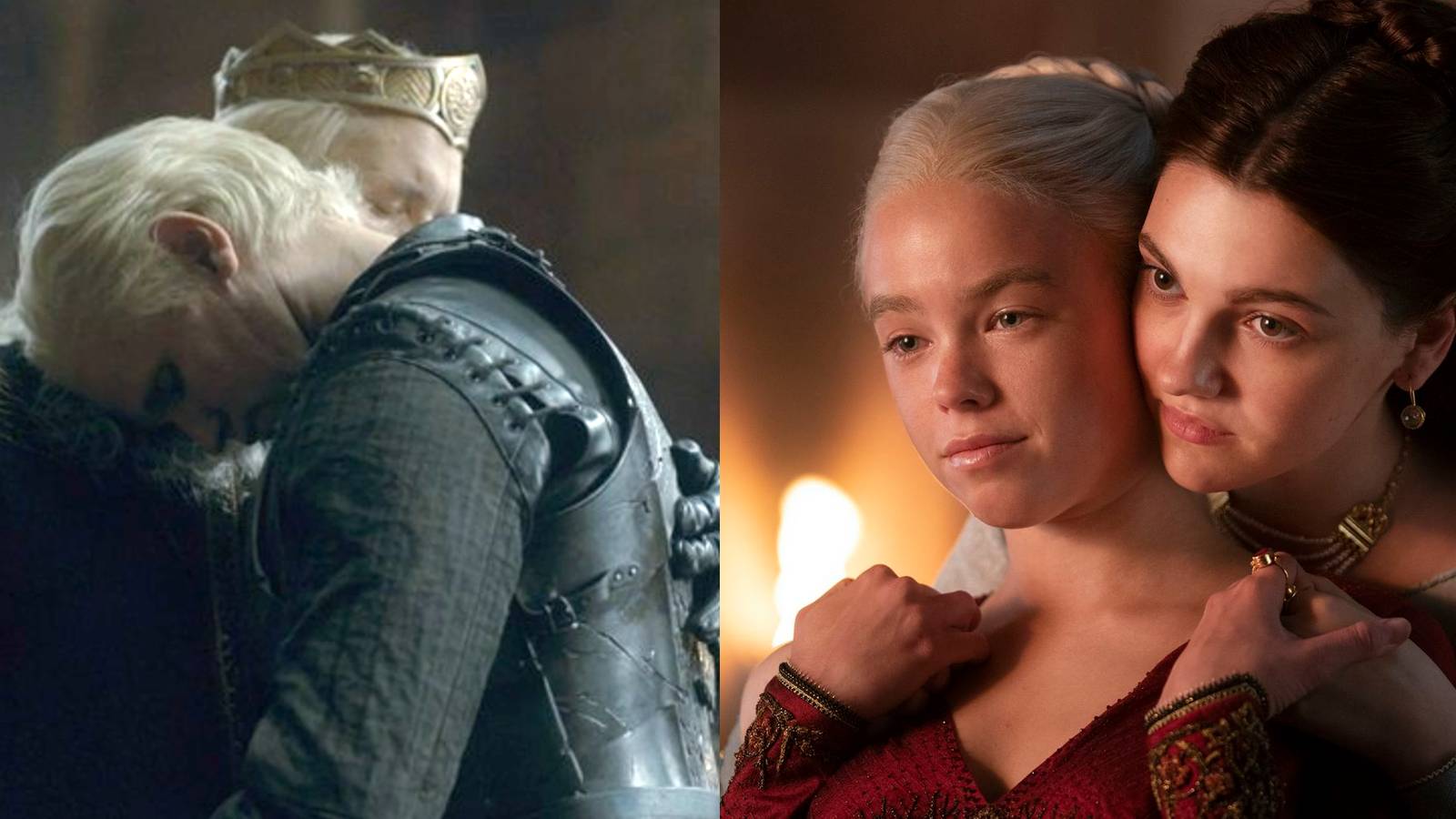 Viserys and Daemon hugging; Alicent embracing Rhaenyra in House of the Dragon