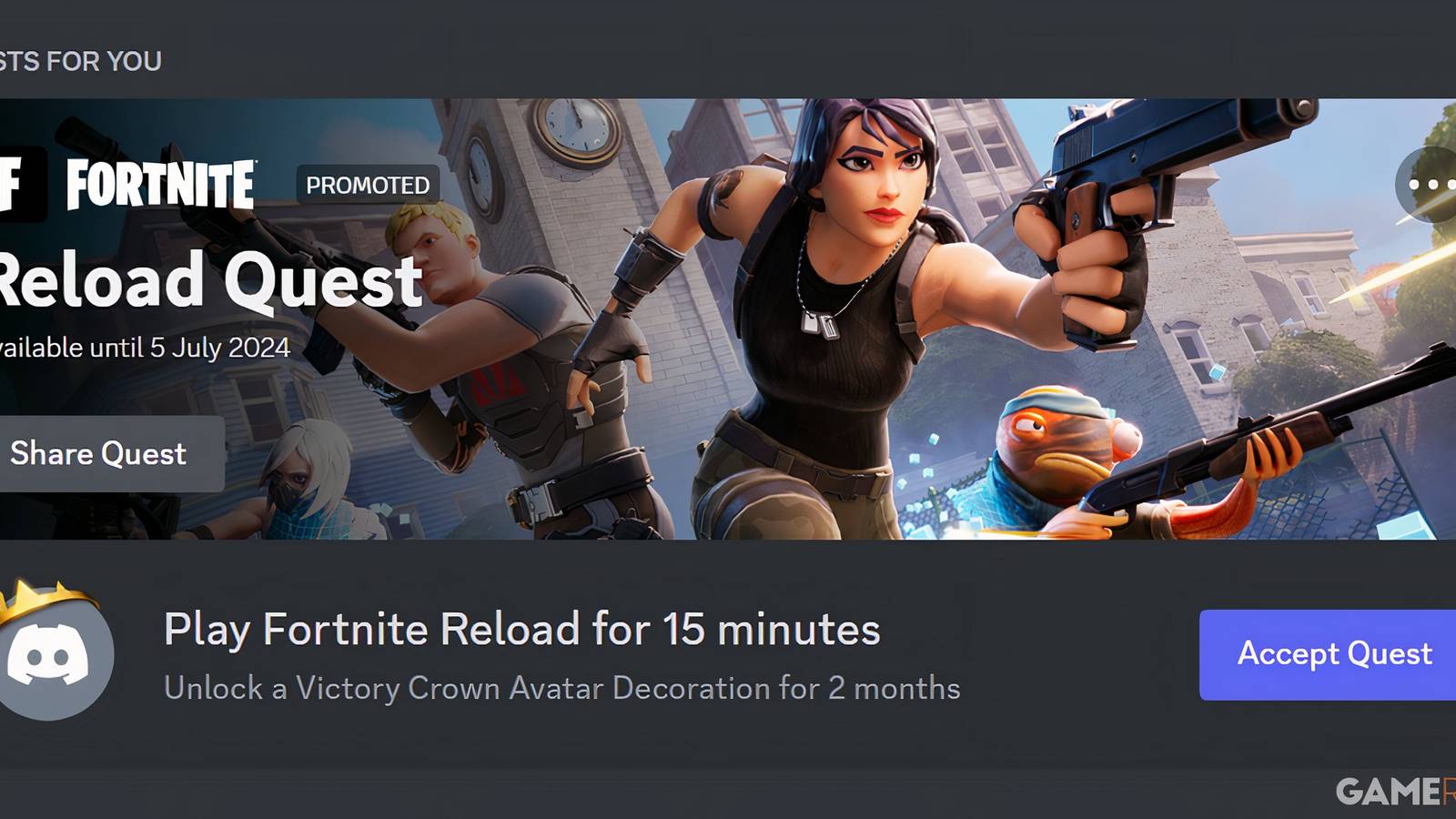 Screenshot showcasing the Fortnite Reload Quest in Discor