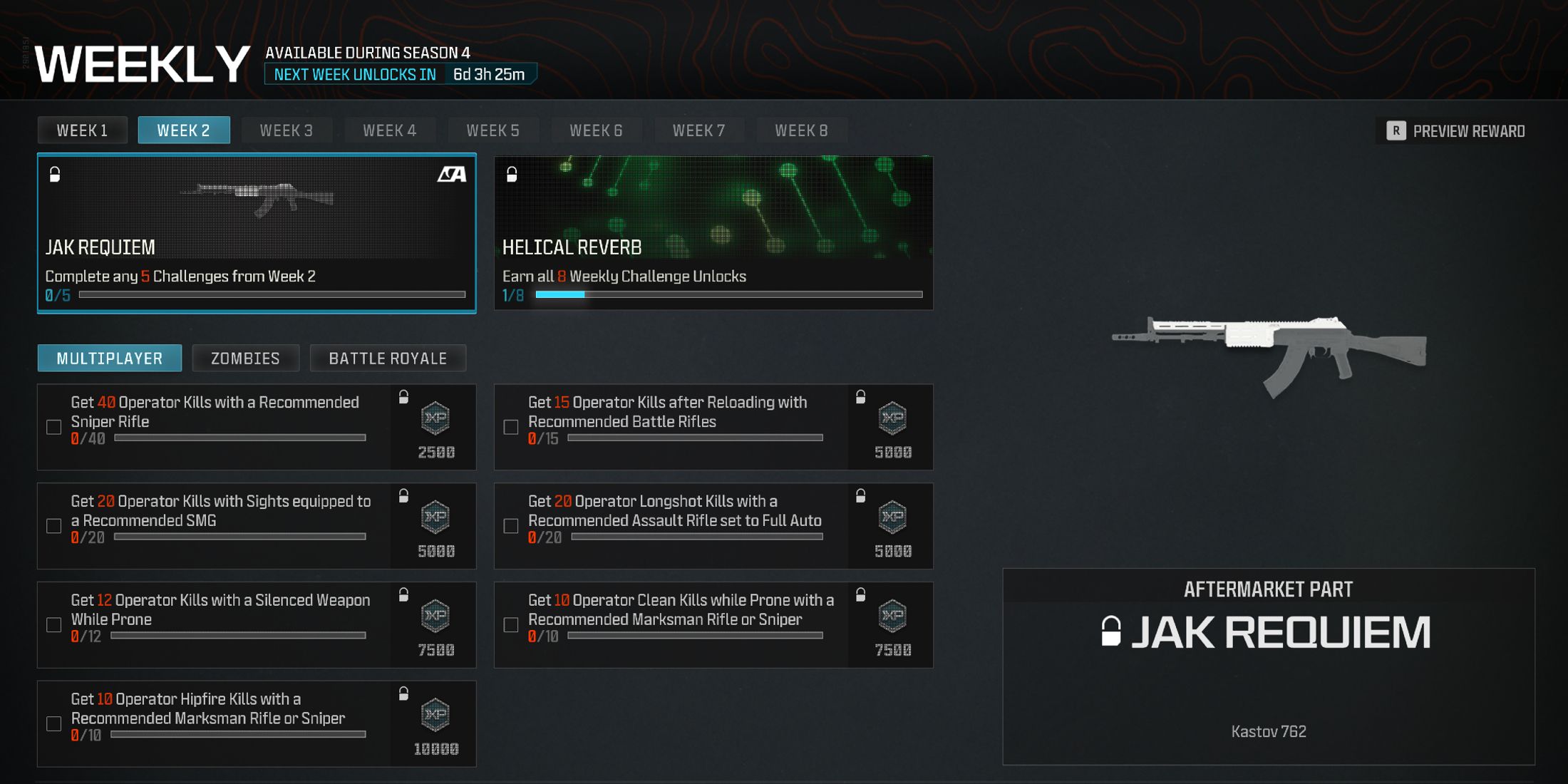 Screenshot showcasing how to unlock the JAK Requiem Kit for the Kastov 762 in Modern Warfare 3 and Warzone 
