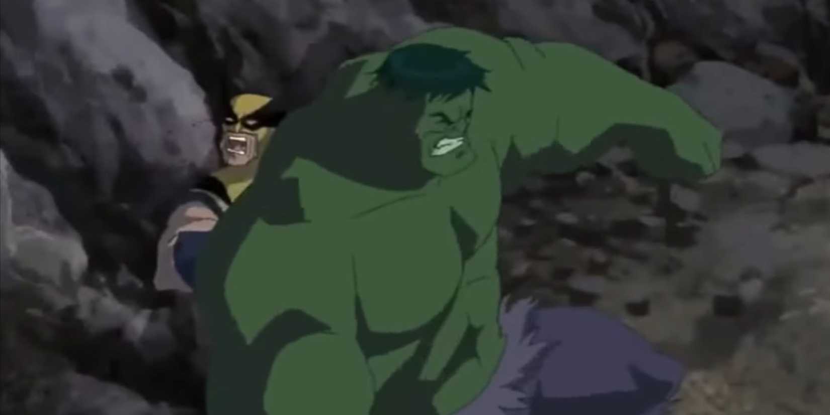 Hulk Vs. Wolverine slammed against rocks