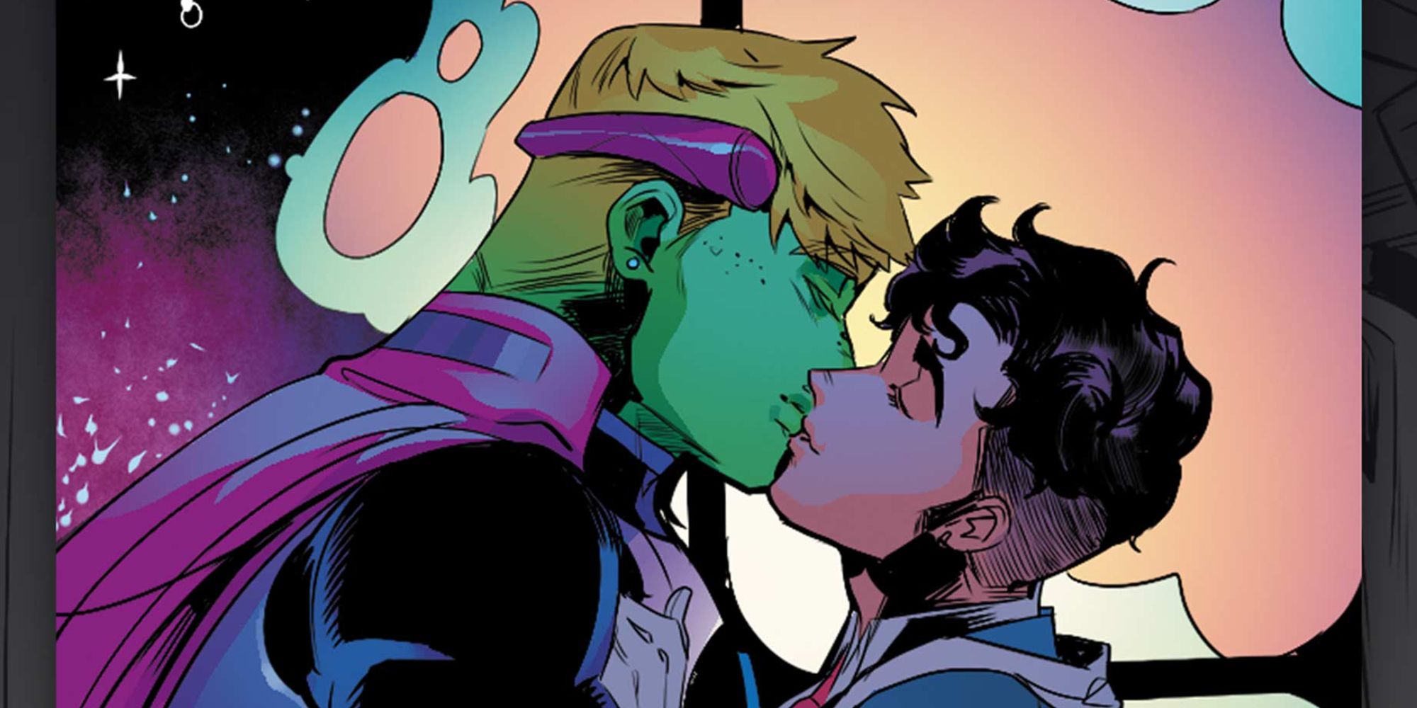 Hulkling and Wiccan kissing in Marvel Comics