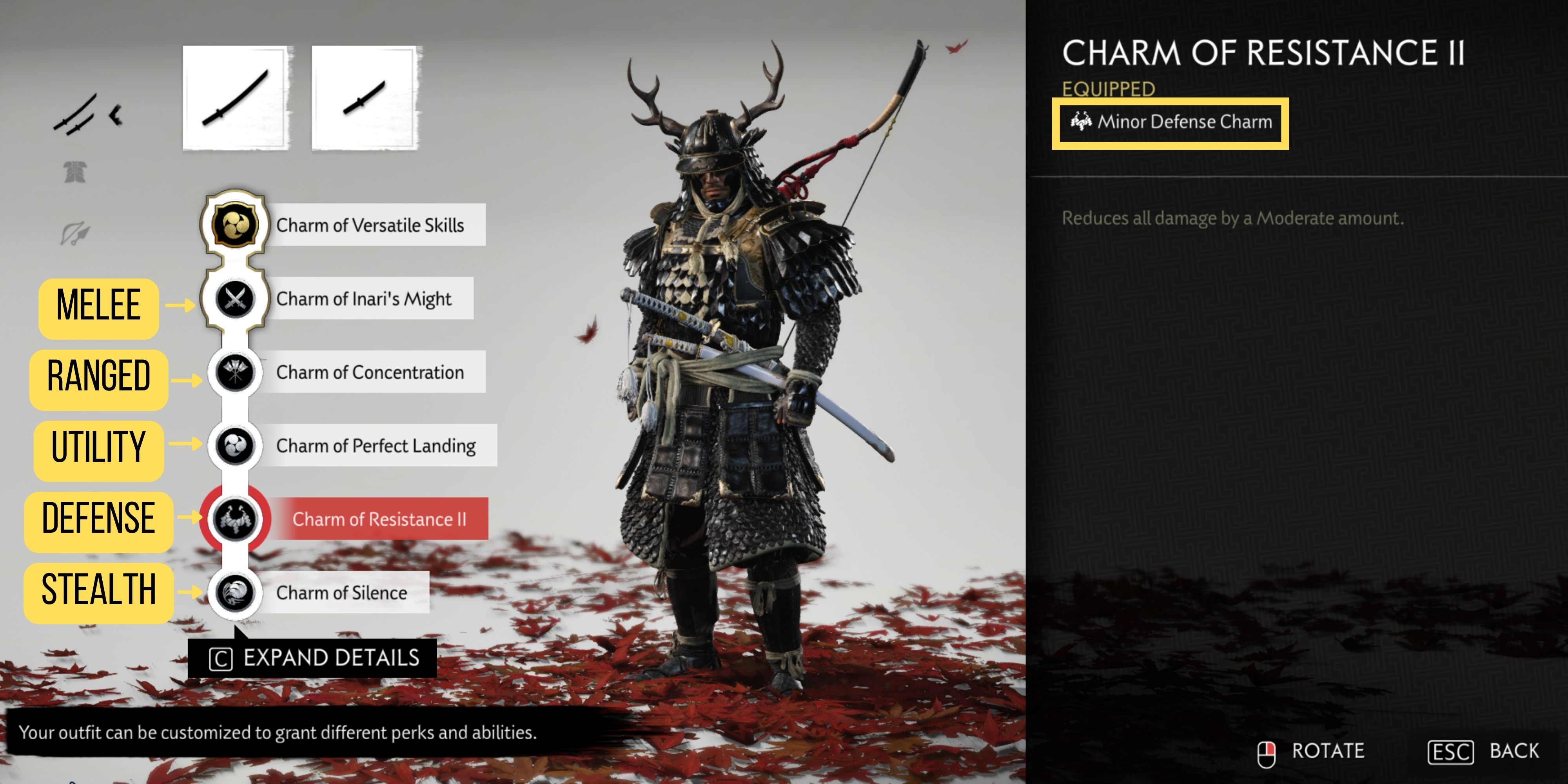 image showing the categories of all equipped minor charms in ghost of tsushima