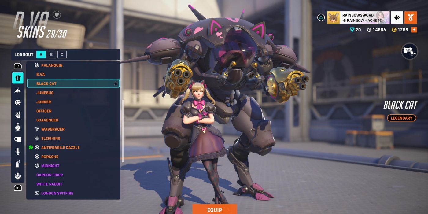 D.Va from Overwatch 2 equipped with the Black Cat skin