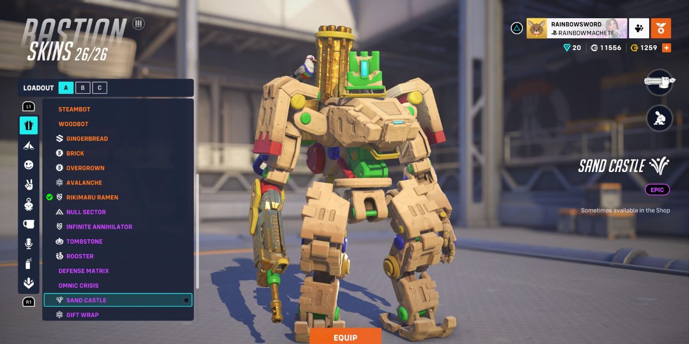 An image of the hero Bastion from Overwatch 2 with the Sand Castle skin equipped