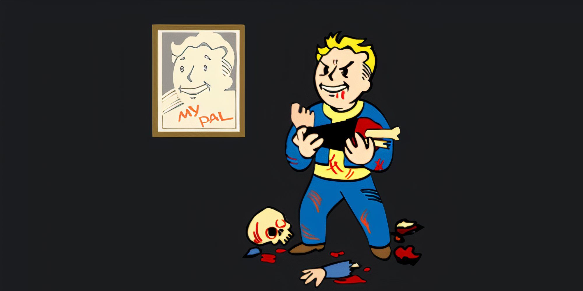 Vault Boy holds a bony leg up to his face with an evil look on his face