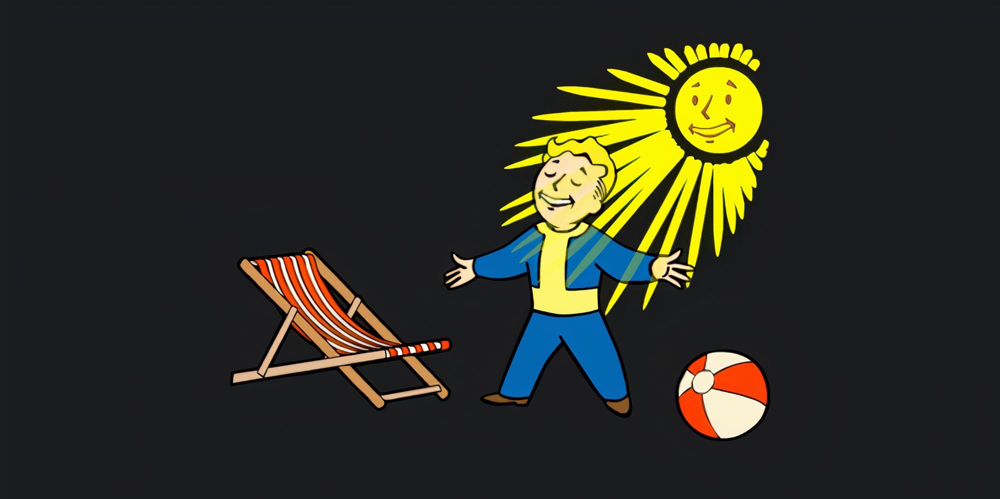 Vault Boy basks in a sun that smiles down on him next to a beach chair