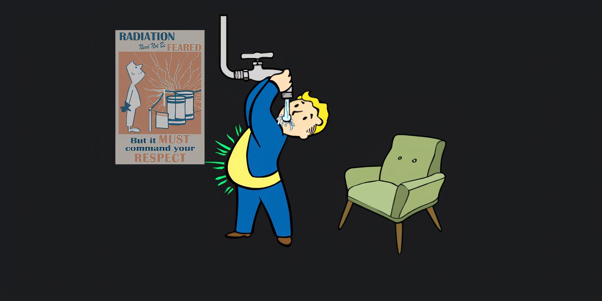 Vault Boy drinks water from a faucet as his belly glows green