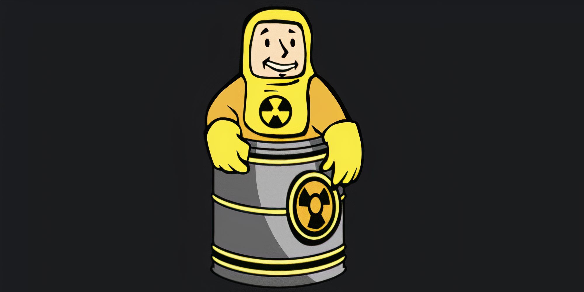 Vault Boy wears a hazmat suit and sits in an irradiated barrel