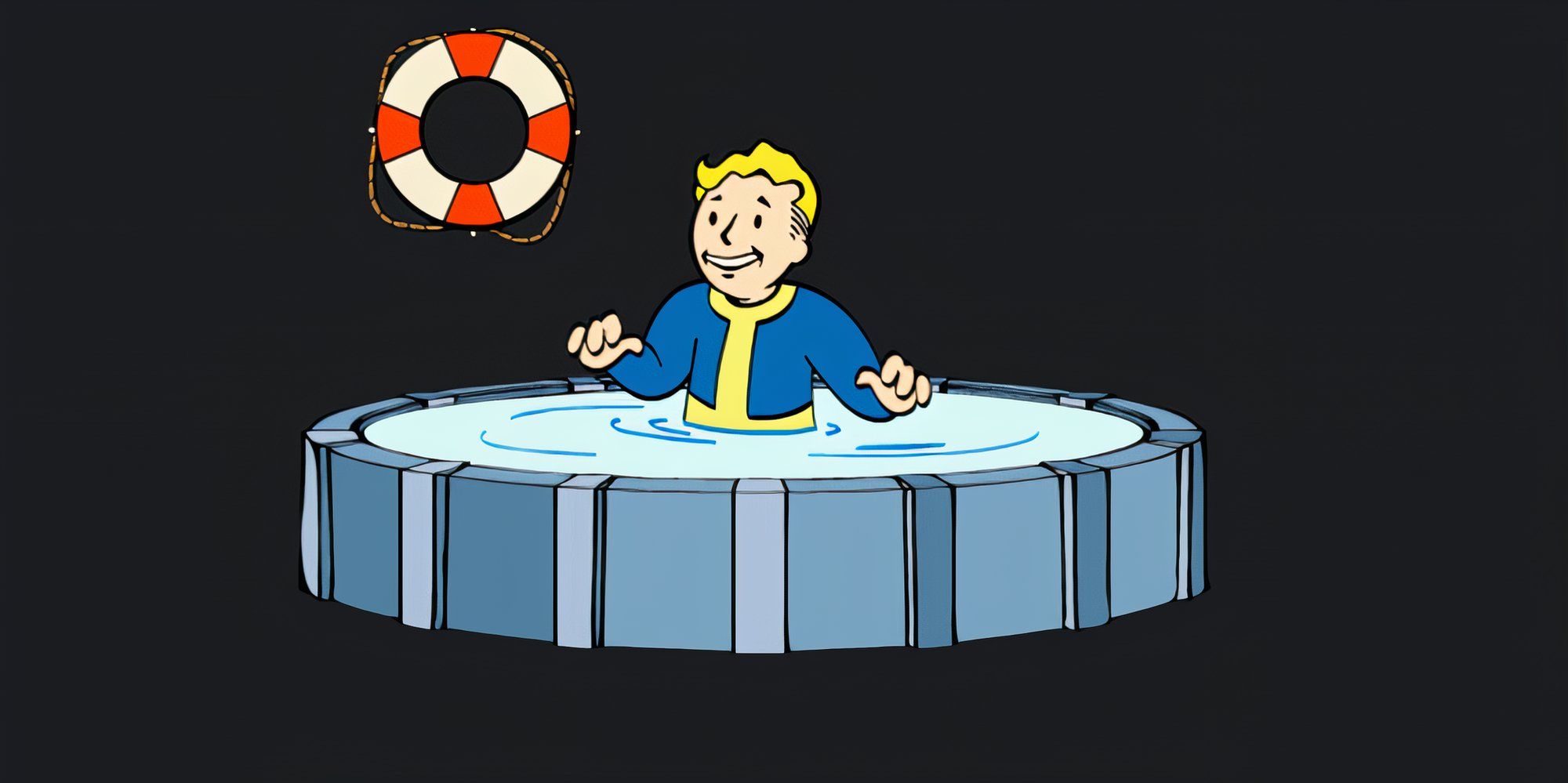 Vault Boy stands in a shallow pool with a smile