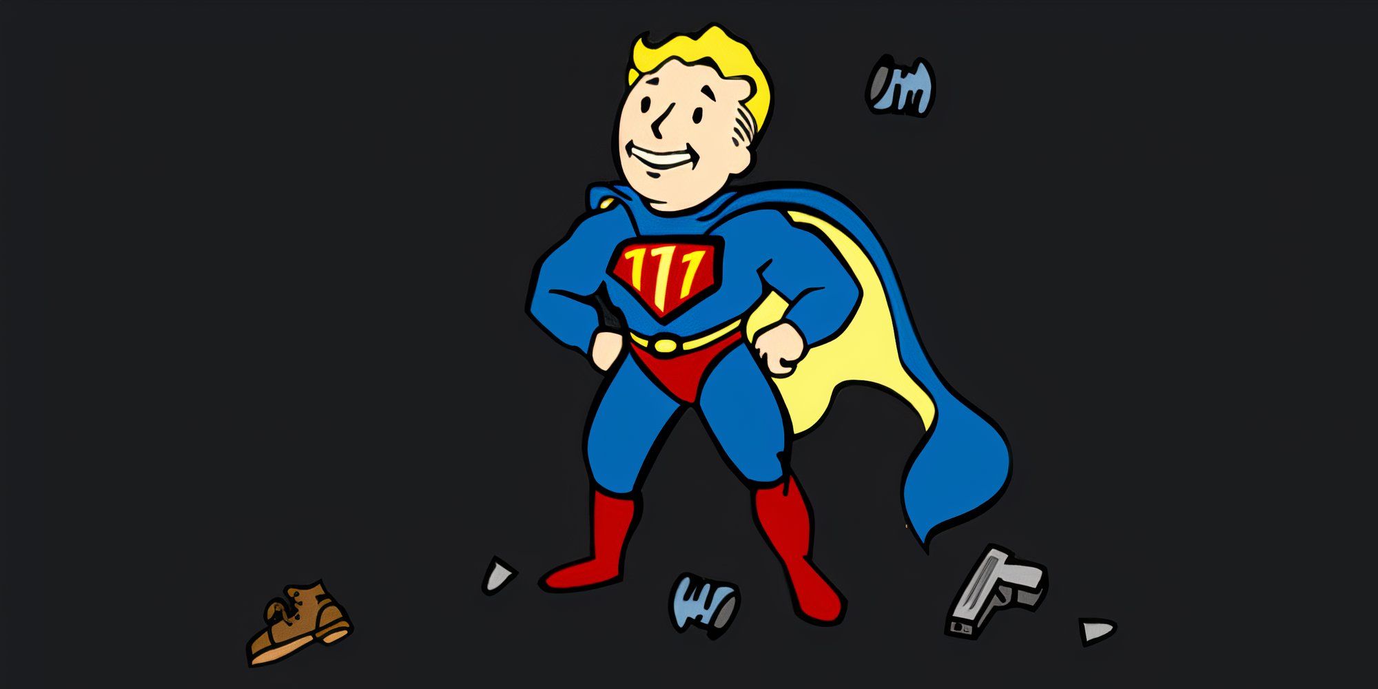 Vault Boy stands in a Superman costume as things bounce off him