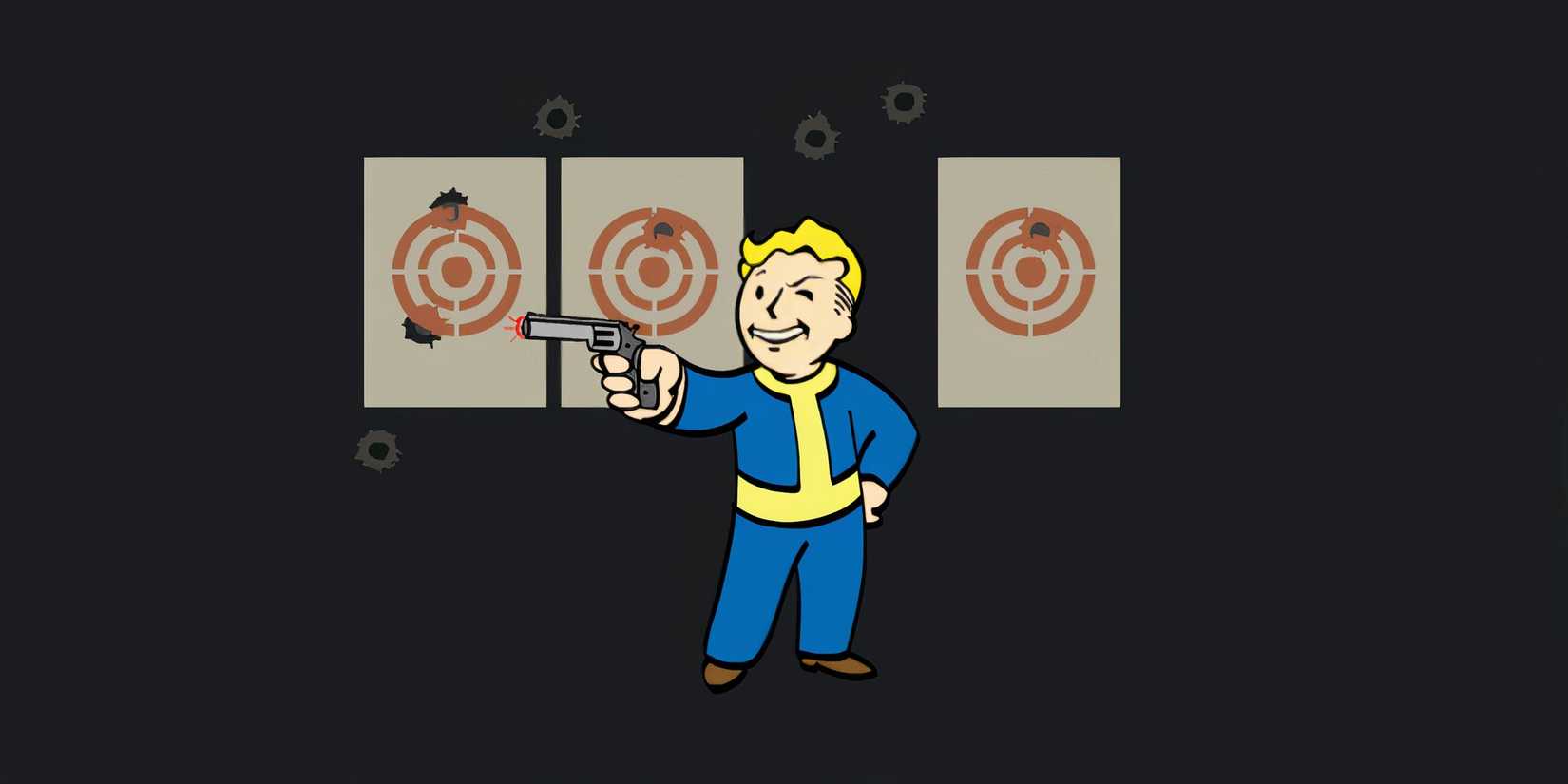 Vault Boy aims a revolver with targets behind him